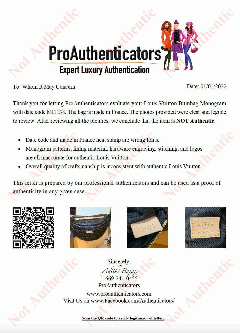 proauthenticators LV detailed not authentic letter